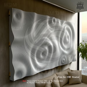 May include: White 3D wall art with a wavy, abstract design. The art is made of multiple layers of wood and is designed to be cut with a CNC router. The text "Files for CNC Router" is visible at the bottom of the image.