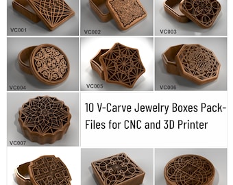 10 V-Carve Jewelry Boxes Pack- Files for CNC and 3D Printer.