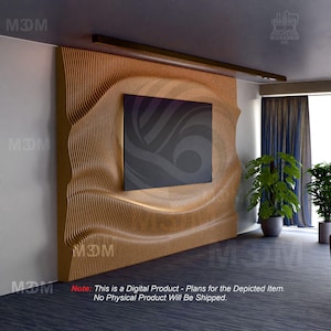 Könnte beinhalten: Eine Holz-Wandverkleidung mit wellenförmigem Design, mit einem eingelassenen quadratischen Bereich mit dunkler abstrakter Kunst. Die Verkleidung hat eine warme braune Farbe, und der Raum hat eine moderne Ästhetik. Der Text im Bild lautet: "Hinweis: Dies ist ein digitales Produkt - Pläne für den dargestellten Artikel. Es werden keine physischen Produkte versendet."
