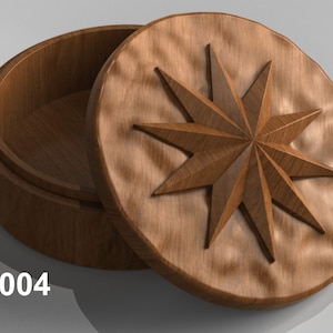 May include: A wooden box with a star-shaped design on the lid. The box is open and the inside is visible. The box is labeled "JC004".