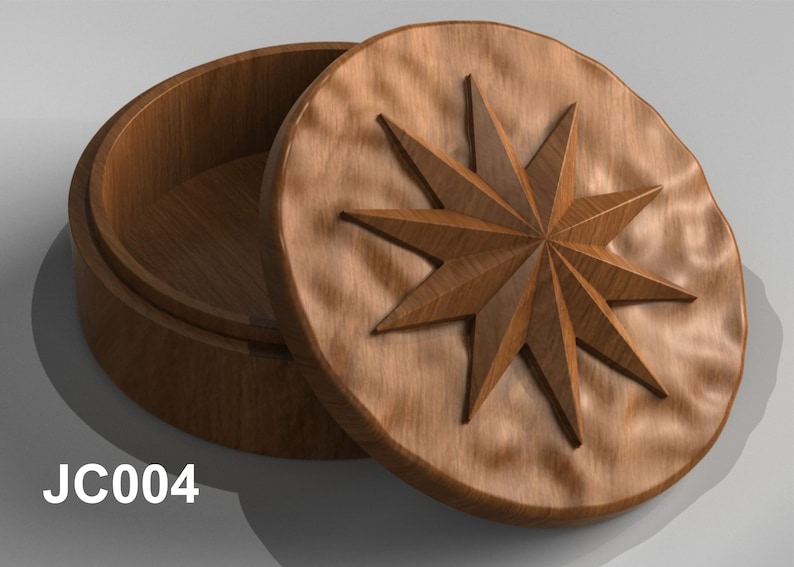 May include: A wooden box with a star-shaped design on the lid. The box is open and the inside is visible. The box is labeled "JC004".