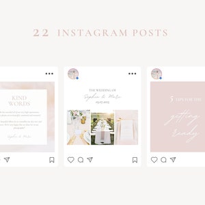 Instagram stories and posts for light and airy wedding photographers. Different story and post templates in Canva with white, blush pink and pastel colors. Place multiple photos and text in this social media stories and posts templates.