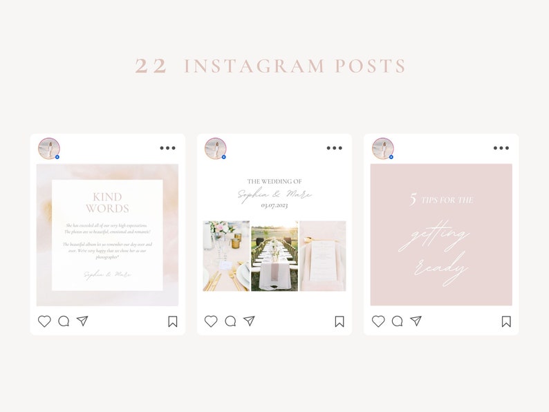 Instagram stories and posts for light and airy wedding photographers. Different story and post templates in Canva with white, blush pink and pastel colors. Place multiple photos and text in this social media stories and posts templates.