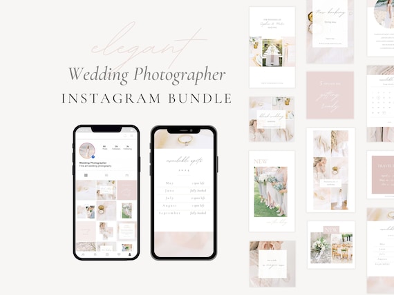 Light and Airy Wedding Photographer Instagram Bundle, Elegant Wedding Photography Stories and Posts, High End Social Media Canva Template