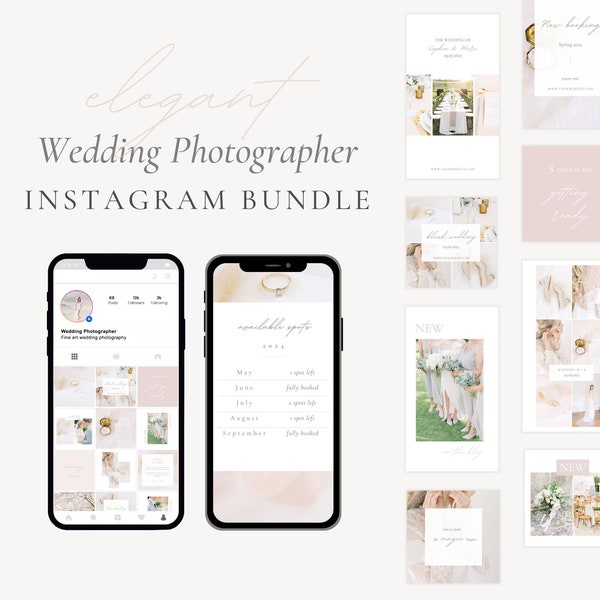 Light and Airy Wedding Photographer Instagram Bundle, Elegant Wedding Photography Stories and Posts, High End Social Media Canva Template