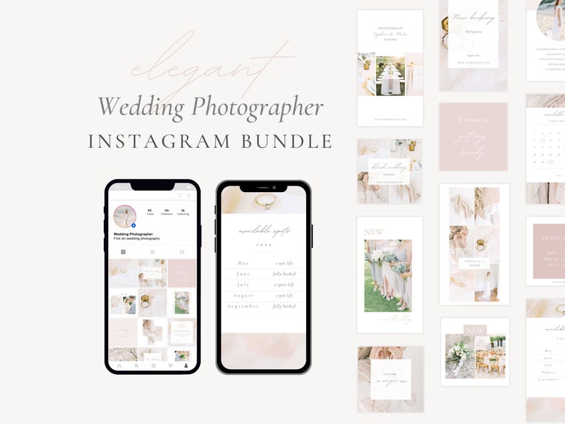 Instagram stories and posts for light and airy wedding photographers. Different story and post templates in Canva with white, blush pink and pastel colors. Place multiple photos and text in this social media stories and posts templates.