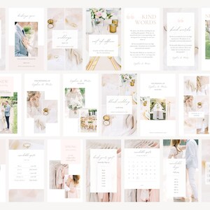 Instagram stories and posts for light and airy wedding photographers. Different story and post templates in Canva with white, blush pink and pastel colors. Place multiple photos and text in this social media stories and posts templates.