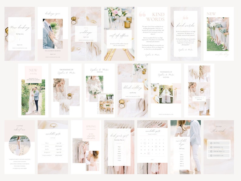 Instagram stories and posts for light and airy wedding photographers. Different story and post templates in Canva with white, blush pink and pastel colors. Place multiple photos and text in this social media stories and posts templates.
