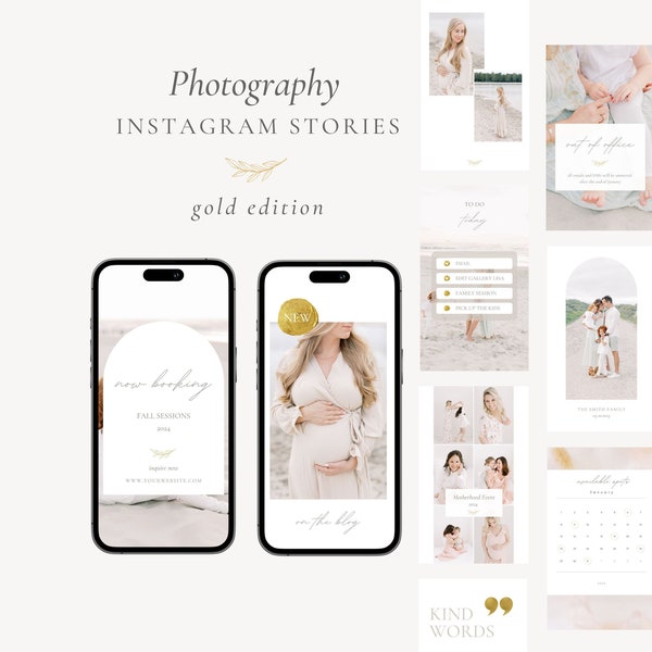 Photographer Instagram Story Template, Light and Airy IG stories for motherhood family photography, Classic Gold Social Media Canva Template