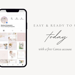 Instagram stories and posts for light and airy wedding photographers. Different story and post templates in Canva with white, blush pink and pastel colors. Place multiple photos and text in this social media stories and posts templates.