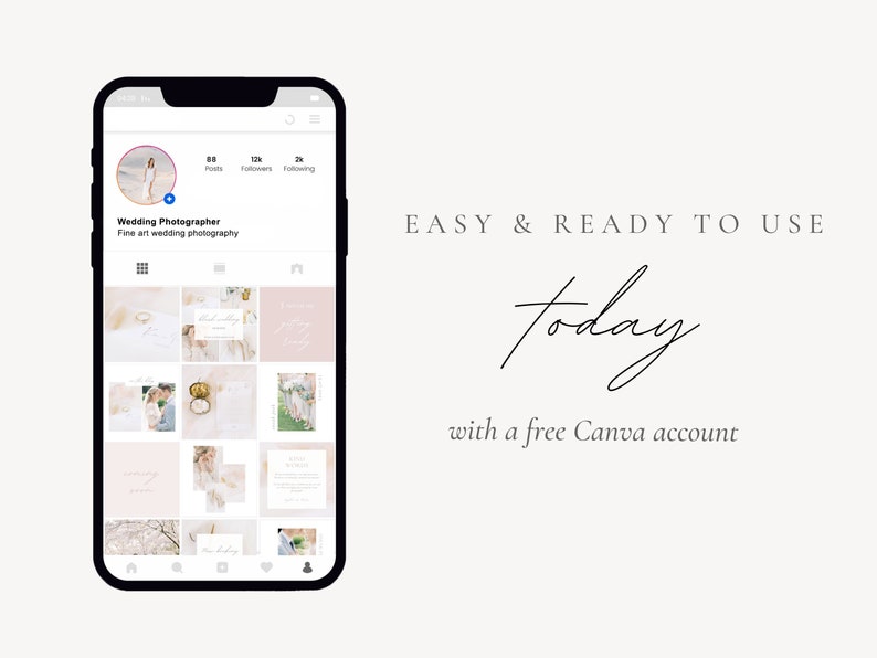 Instagram stories and posts for light and airy wedding photographers. Different story and post templates in Canva with white, blush pink and pastel colors. Place multiple photos and text in this social media stories and posts templates.