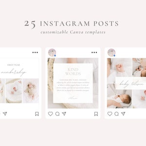 May include: Three Instagram post templates for a photography business. The first template features a collage of photos with the text "FIRST YEAR membership". The second template features a photo of a baby in a basket with the text "KIND WORDS". The third template features a collage of photos of a baby with the text "baby Olivia".