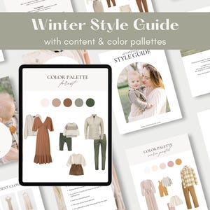 Op de afbeelding: Een digitale gids voor winterse stijl met kleurpaletten en outfit-ideeën. De gids bevat een kleurenpalet met de naam "bos" met een verscheidenheid aan kleuren, waaronder bruin, groen en wit. De gids bevat ook een sectie over waar je winterkleding kunt kopen.