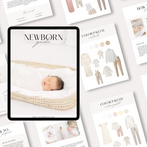 Newborn Photography Guide with Content, Welcome and style guide, Newborn what to wear, Pre-written Canva template for photographers