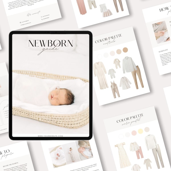 Newborn Photography Guide with Content, Welcome and style guide, Newborn what to wear, Pre-written Canva template for photographers