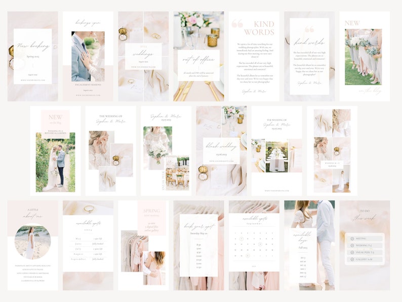 Instagram stories for light and airy wedding photographers. Different story templates with white and blush pink colors and pastel. Place your own photos and text in this social media stories templates.Gift for photographers. Digital Christmas gift