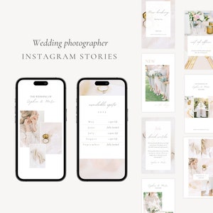 Instagram stories for light and airy wedding photographers. Different story templates with white and blush pink colors and pastel. Place your own photos and text in this social media stories templates. Gift for photographers. Digital Christmas gift