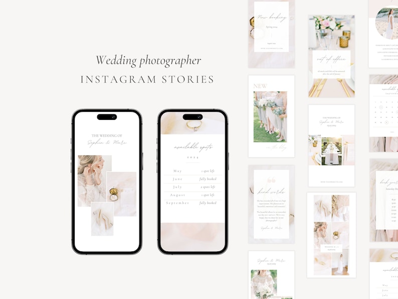 Instagram stories for light and airy wedding photographers. Different story templates with white and blush pink colors and pastel. Place your own photos and text in this social media stories templates. Gift for photographers. Digital Christmas gift