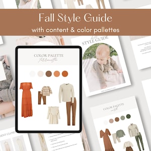 May include: A digital guide for fall style with color palettes and outfit ideas. The guide features a terracotta color palette with a white, brown, and orange color scheme. The guide also includes a color palette with a light green, brown, and white color scheme.