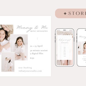 May include: A pink and white graphic design for a Mommy & Me mini photo session. The graphic includes a calendar with the dates April 22 and 23, the text "book your spot", and the text "Mommy & Me Mini Sessions".