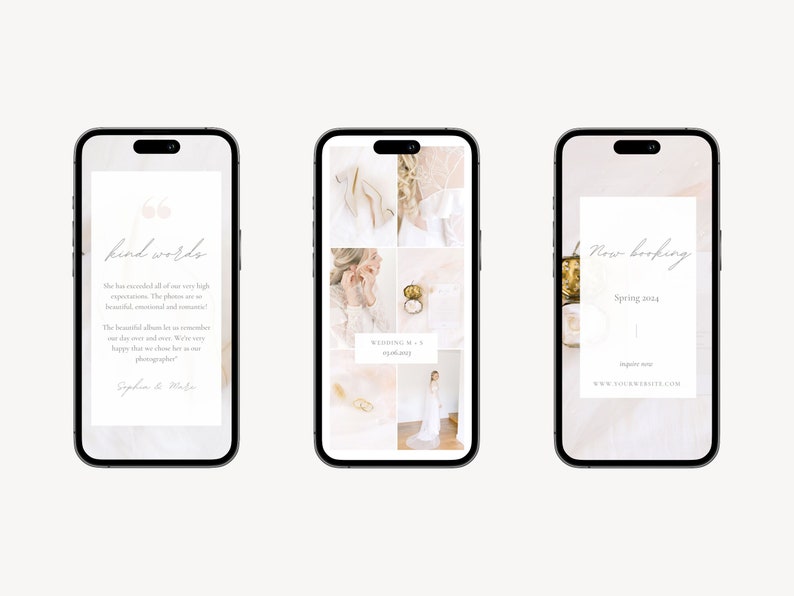 Instagram stories for light and airy wedding photographers. Different story templates with white and blush pink colors and pastel. Place your own photos and text in this social media stories templates.Gift for photographers. Digital Christmas gift