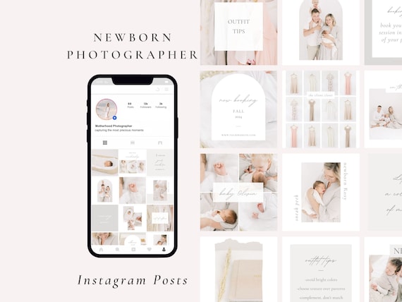 Newborn Photographer Instagram Post, Posts for Motherhood, Family and Baby Photographers, Aesthetic Light & Airy and Clean Canva Template