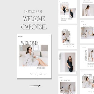 May include: A digital marketing Instagram carousel design with a minimalist aesthetic. The design features the word "WELCOME" in large, elegant font, along with other text and images. The overall color scheme is neutral, with a focus on white and gray.