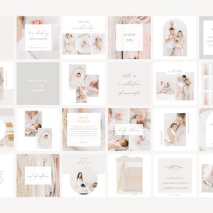 May include: A collage of 16 Instagram post templates for a photography business. The templates feature a neutral color palette with a minimalist design. The text includes phrases like "Outfit Tips", "Life is a collection of moments", and "New Booking Fall".