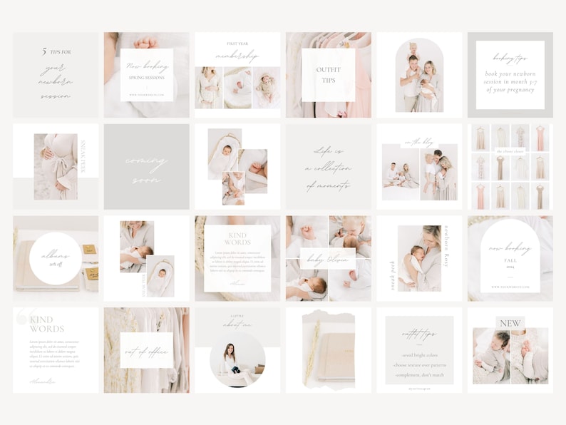May include: A collage of 16 Instagram post templates for a photography business. The templates feature a neutral color palette with a minimalist design. The text includes phrases like "Outfit Tips", "Life is a collection of moments", and "New Booking Fall".