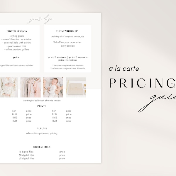 Photography price template for Canva, a la carte pricing guide, one page price list for portrait and motherhood photographers