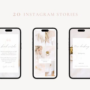 Instagram stories and posts for light and airy wedding photographers. Different story and post templates in Canva with white, blush pink and pastel colors. Place multiple photos and text in this social media stories and posts templates.