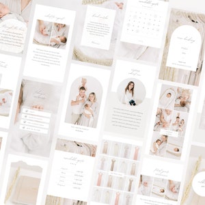 May include: A collection of social media graphics for a newborn photography business. The graphics feature images of babies, families, and text overlays. The graphics are designed in a minimalist style with a neutral color palette.