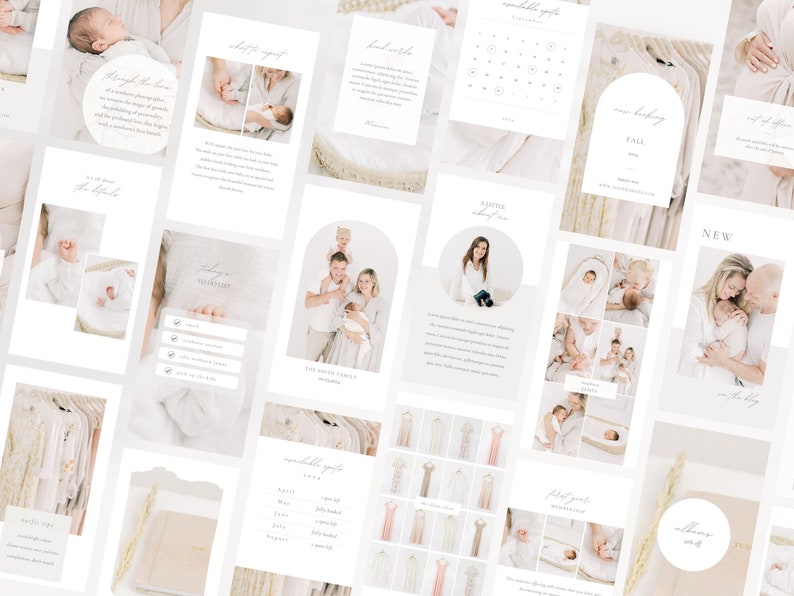 May include: A collection of social media graphics for a newborn photography business. The graphics feature images of babies, families, and text overlays. The graphics are designed in a minimalist style with a neutral color palette.