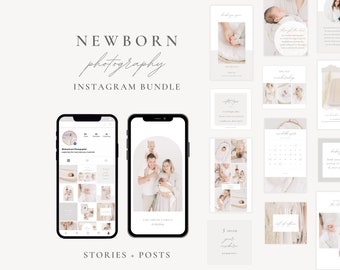Newborn Photographer Instagram Bundle, Stories and Posts for Motherhood and Family Photographers, Aesthetic Light and Clean Canva Template