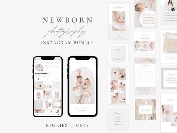 Newborn Photographer Instagram Bundle, Stories and Posts for Motherhood and Family Photographers, Aesthetic Light and Clean Canva Template