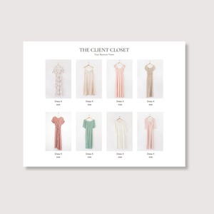 Könnte beinhalten: Eine weiße Karte zeigt acht Kleider auf Kleiderbügeln. Die Kleider sind in verschiedenen Farben, darunter Weiß, Beige, Rosa und Grün. Der Text "THE CLIENT CLOSET" steht oben, darunter "Your Business Name". Jedes Kleid hat eine Größenangabe.