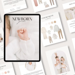 Newborn Session Guide with Content, Welcome Pricing and Style guide, Newborn what to wear, Pre-written Canva template for photographers