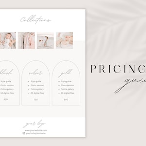 Photography price template for Canva, collections pricing guide, one page price list with packages for portrait and motherhood photographers