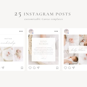 May include: A set of three Instagram post templates for a photography business. The first template features the text "FIRST YEAR membership". The second template features the text "KIND WORDS". The third template features the text "baby Olivia".