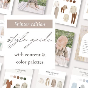 Fotografiestijlgids met inhoud, wintergids, Canva-sjabloon voor klantenkast, wat te dragen, winteroutfit-familiesessie, kleurenpaletten