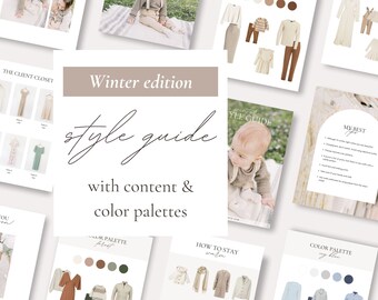 Photography Style Guide with Content, Winter Guide, Client Closet Canva Template, What to Wear, Winter Outfit Family Session, Color Palettes