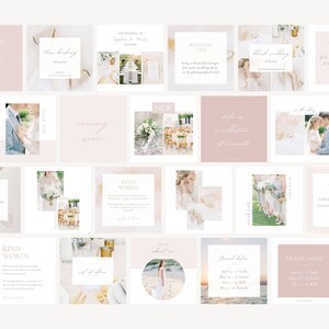 Instagram stories and posts for light and airy wedding photographers. Different story and post templates in Canva with white, blush pink and pastel colors. Place multiple photos and text in this social media stories and posts templates.