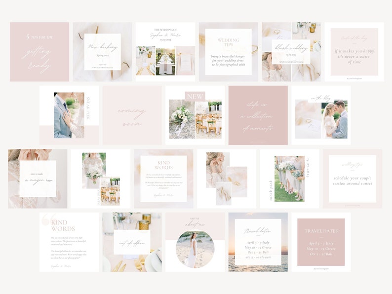 Instagram stories and posts for light and airy wedding photographers. Different story and post templates in Canva with white, blush pink and pastel colors. Place multiple photos and text in this social media stories and posts templates.