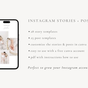 May include: A phone screen displaying a mockup of Instagram story and post templates for newborn photography. The text on the screen reads "NEWBORN Jalia". The text below the phone image reads "INSTAGRAM STORIES + POSTS", "28 story templates", "25 post templates", "customize the stories & posts in canva", "easy to use with a free canva account", "pdf with instructions how to use", and "Perfect to grow your Instagram account".