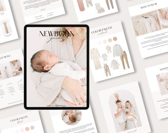 Newborn Session Guide with Content, Welcome Pricing and Style guide, Newborn what to wear, Pre-written Canva template for photographers