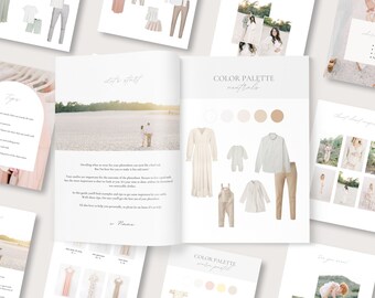 May include: A guide for choosing outfits for family photoshoots. The guide includes tips on color palettes, outfit ideas, and a section on "Let's start". The guide features a neutral color palette with a variety of clothing options for adults and children.