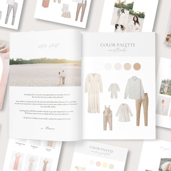 Photography style guide with content, Color palettes, Style guide for photographer, Session outfit inspiration, Client closet canva template