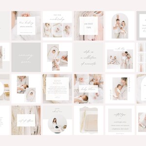 May include: A collage of images promoting a newborn photography business. The images feature babies, families, and clothing. The text includes "5 tips for your newborn session", "New booking spring season", "Outfit tips", "Life is a collection of moments", "Kind words", "Baby bloom", "New booking fall", and "New!"