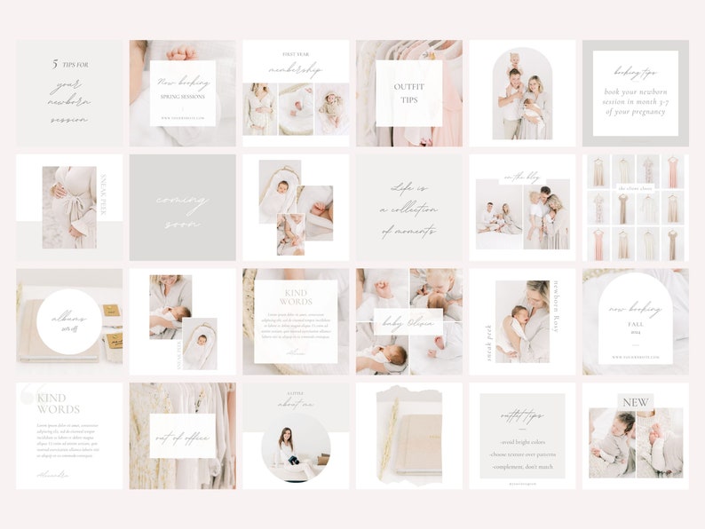 May include: A collage of images promoting a newborn photography business. The images feature babies, families, and clothing. The text includes "5 tips for your newborn session", "New booking spring season", "Outfit tips", "Life is a collection of moments", "Kind words", "Baby bloom", "New booking fall", and "New!"