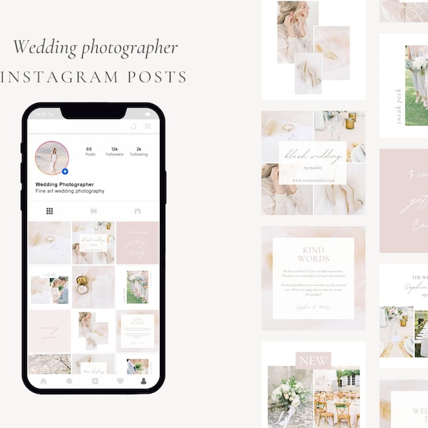 Elegant Wedding Photographer Instagram Posts, Light and Airy Wedding Photography Instagram Bundle, Classic Social Media Canva Template
